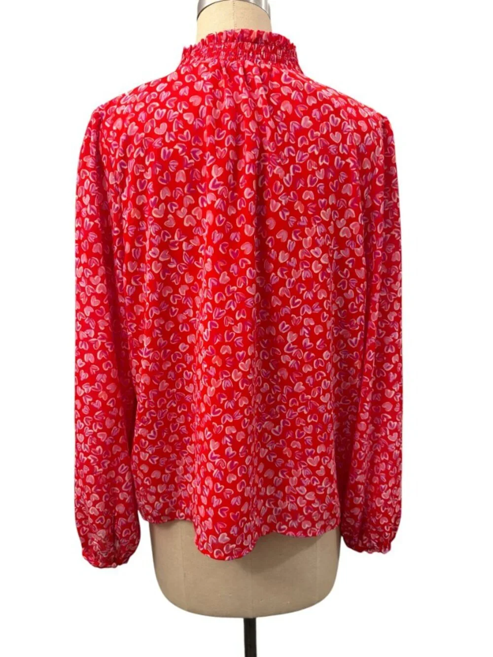 J.Crew Smocked Keyhole Top Bright Cerise Soft Azal XL Hearts Blouse